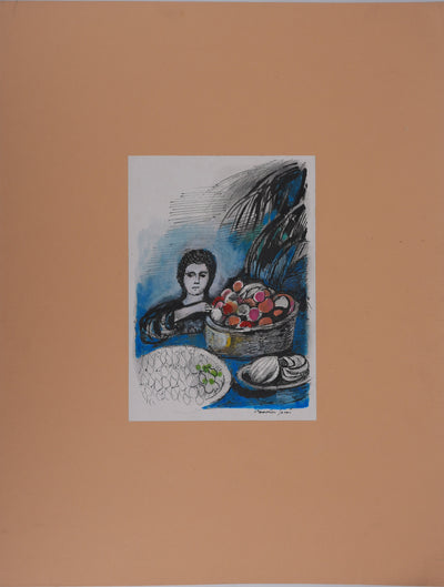 Maurice GENIS : La vendeuse de fruit, Dessin original signé