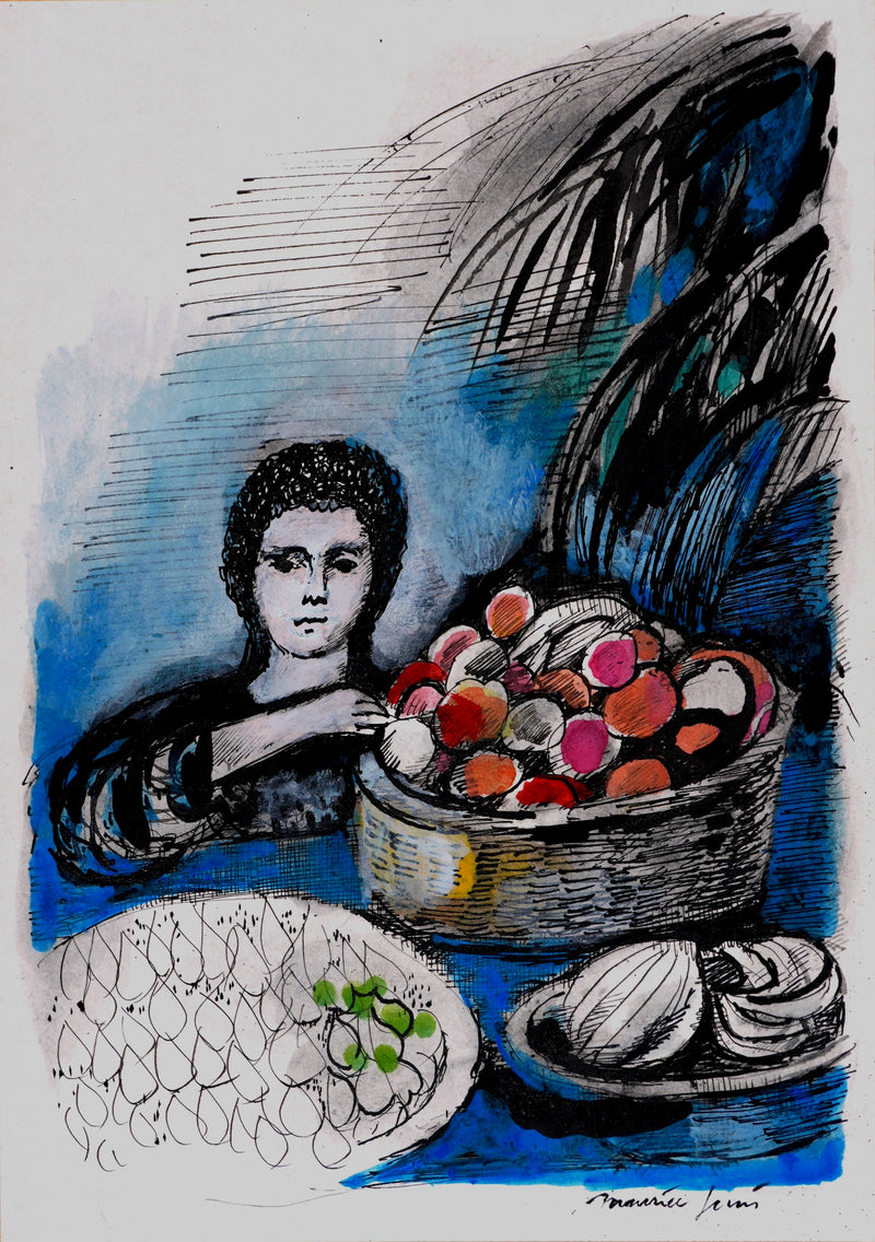 Maurice GENIS : La vendeuse de fruit, Dessin original signé