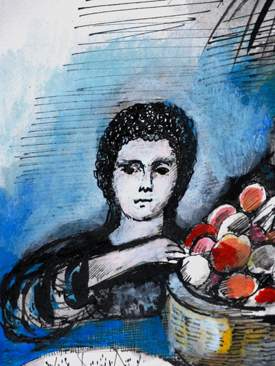 Maurice GENIS : La vendeuse de fruit, Dessin original signé