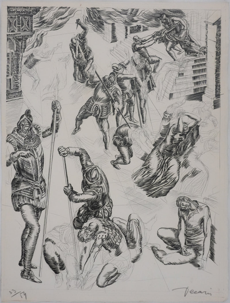 Albert DECARIS : Combat de guerre, Gravure originale signée