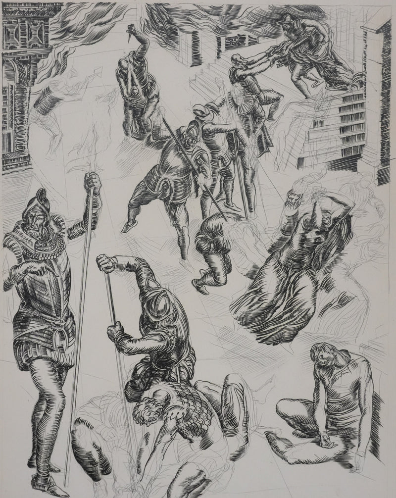 Albert DECARIS : Combat de guerre, Gravure originale signée