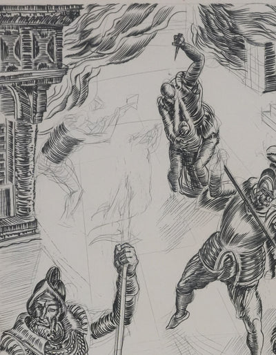 Albert DECARIS : Combat de guerre, Gravure originale signée