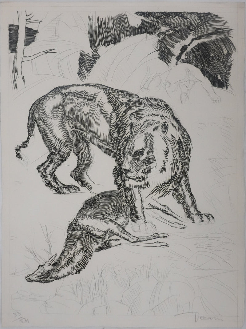 Albert DECARIS : Chasse au cerf, Gravure originale signée