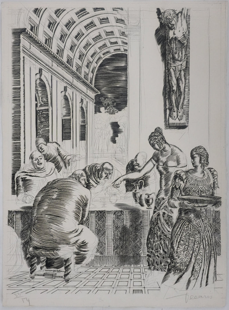 Albert DECARIS : Les hommes attablés, Gravure originale signée