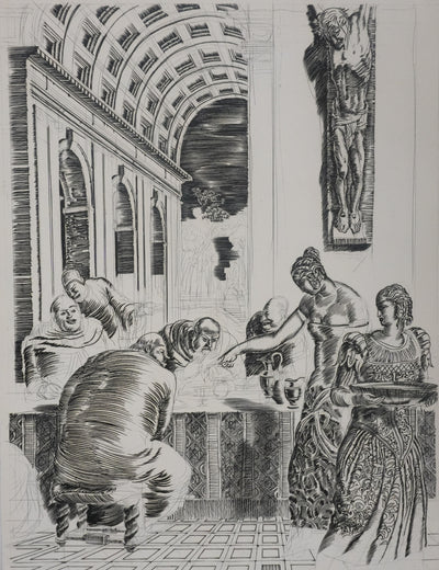 Albert DECARIS : Les hommes attablés, Gravure originale signée