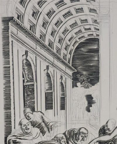 Albert DECARIS : Les hommes attablés, Gravure originale signée