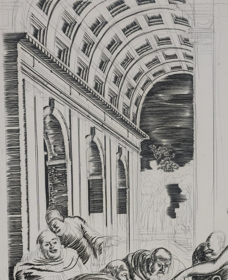 Albert DECARIS : Les hommes attablés, Gravure originale signée