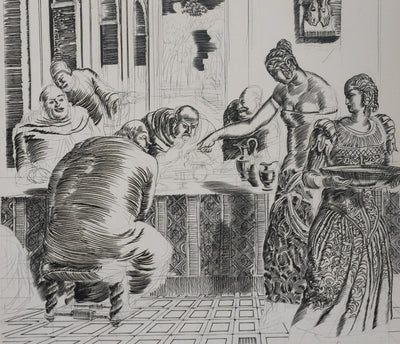 Albert DECARIS : Les hommes attablés, Gravure originale signée