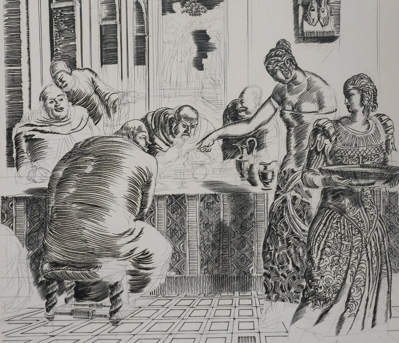 Albert DECARIS : Les hommes attablés, Gravure originale signée