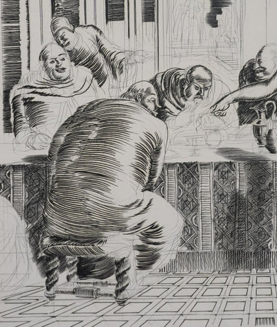 Albert DECARIS : Les hommes attablés, Gravure originale signée