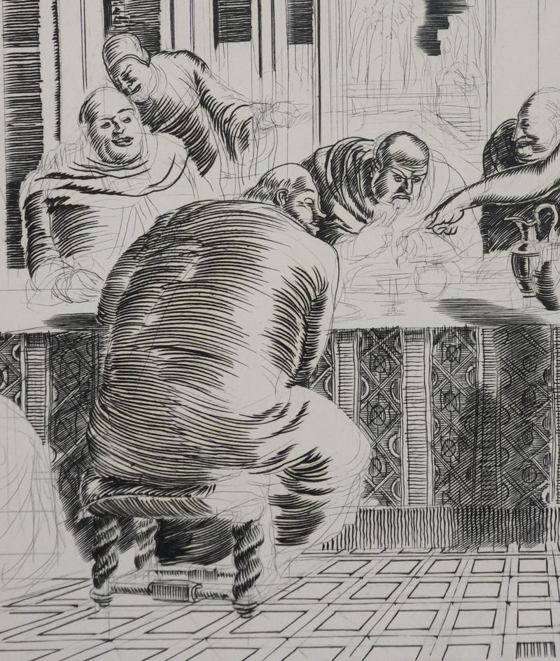 Albert DECARIS : Les hommes attablés, Gravure originale signée