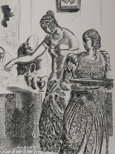 Albert DECARIS : Les hommes attablés, Gravure originale signée