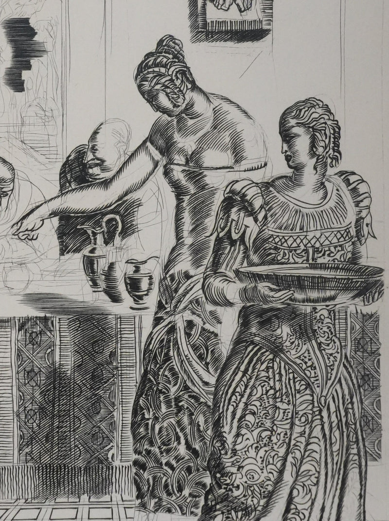 Albert DECARIS : Les hommes attablés, Gravure originale signée