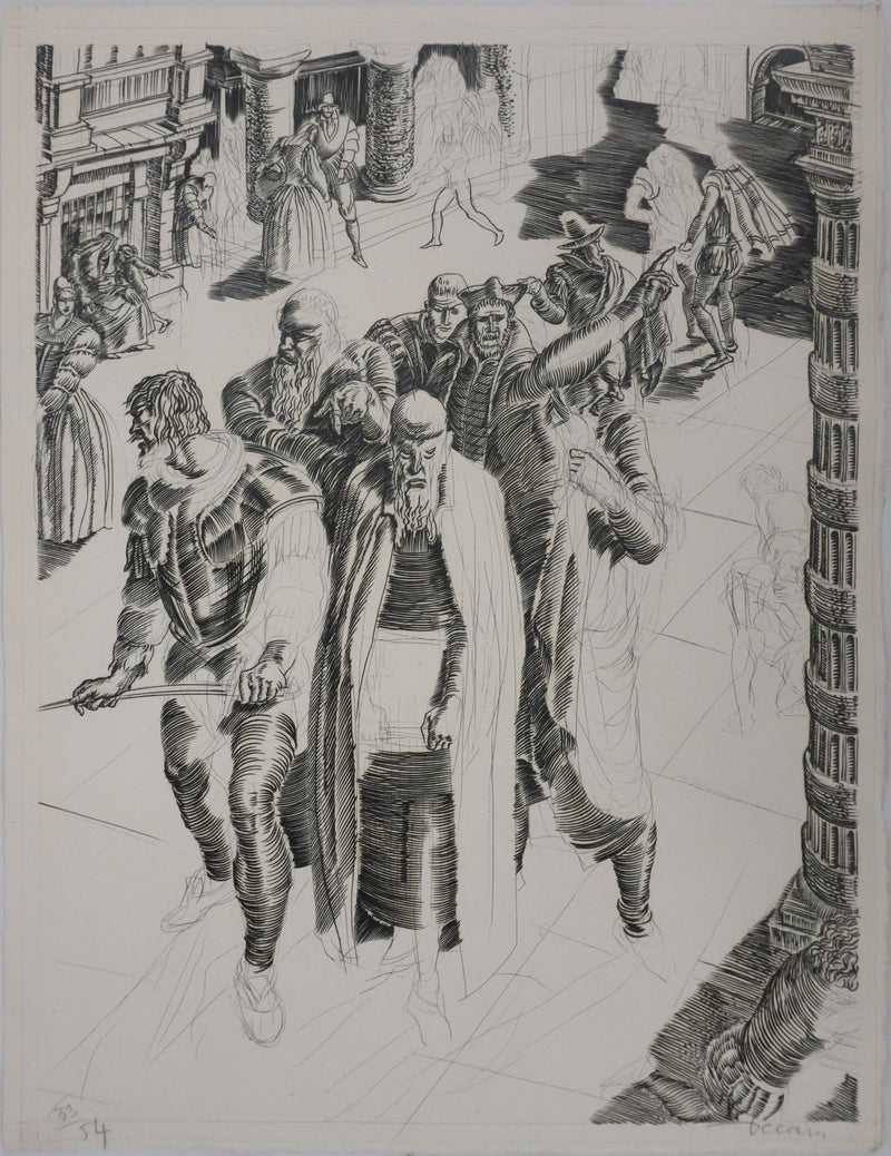 Albert DECARIS : Les hommes arrivent, Gravure originale signée