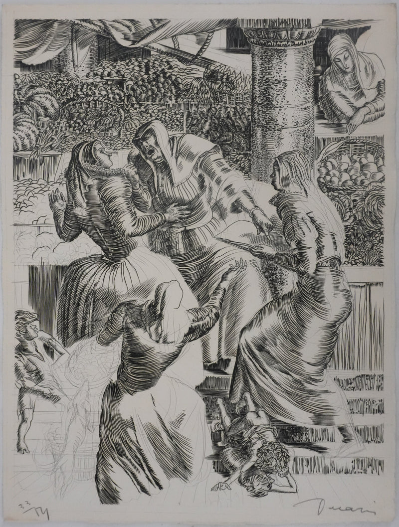 Albert DECARIS : Les marchands, Gravure originale signée