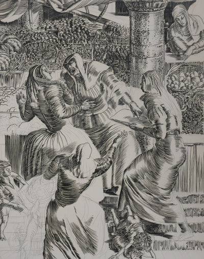 Albert DECARIS : Les marchands, Gravure originale signée