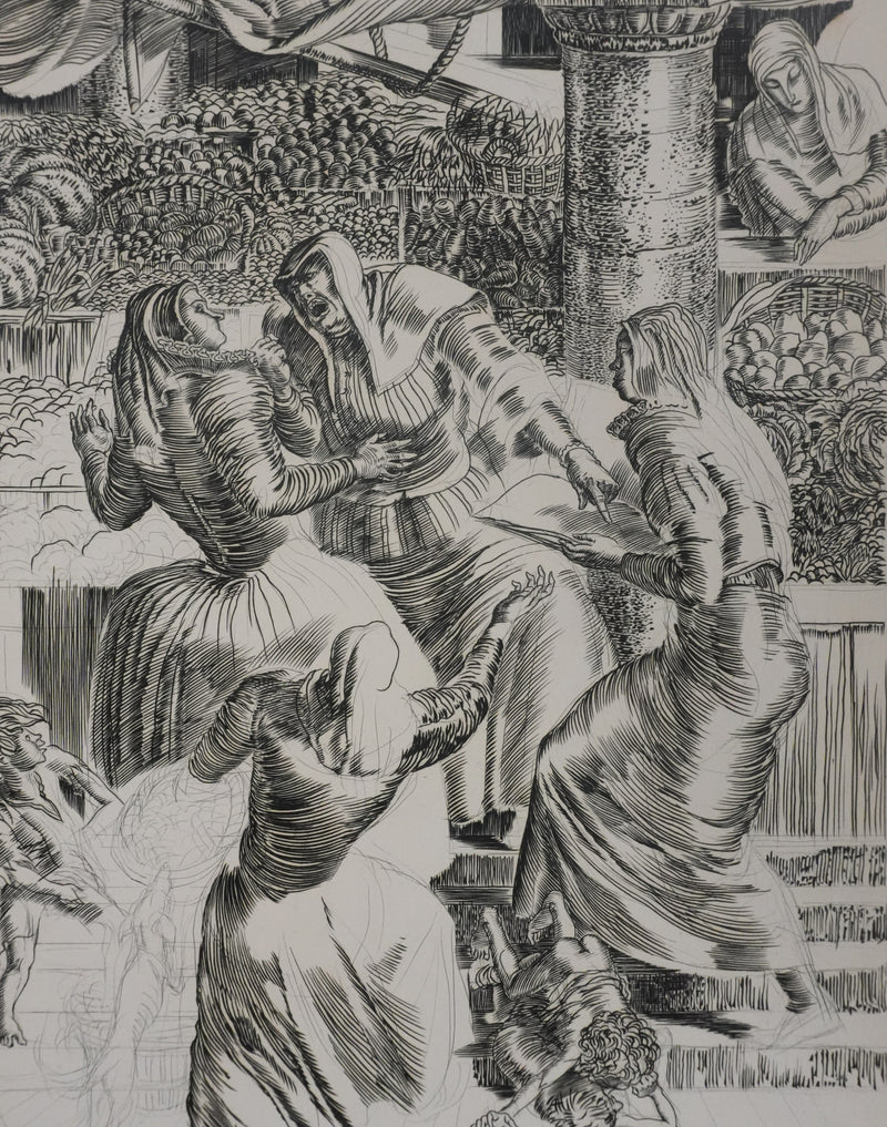 Albert DECARIS : Les marchands, Gravure originale signée