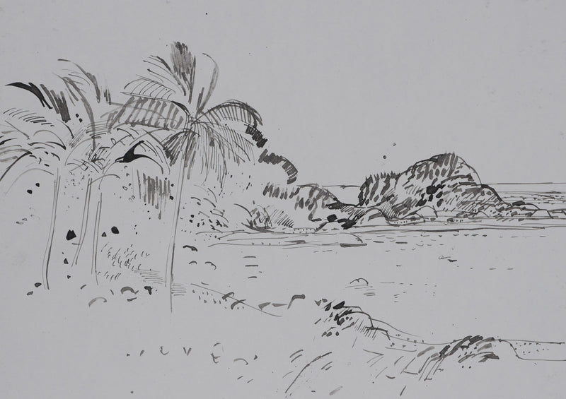 Maurice GENIS : Palmiers sur la plage, Dessin original signé