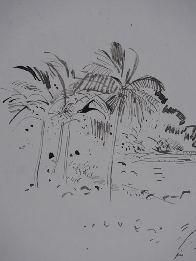 Maurice GENIS : Palmiers sur la plage, Dessin original signé