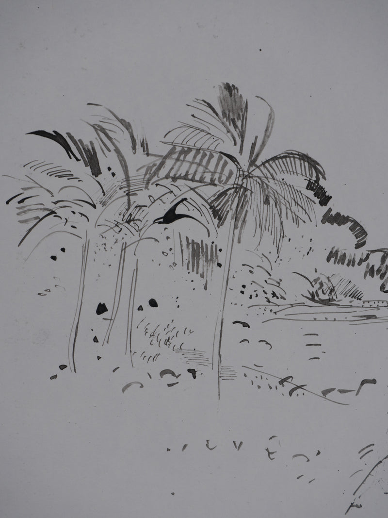 Maurice GENIS : Palmiers sur la plage, Dessin original signé
