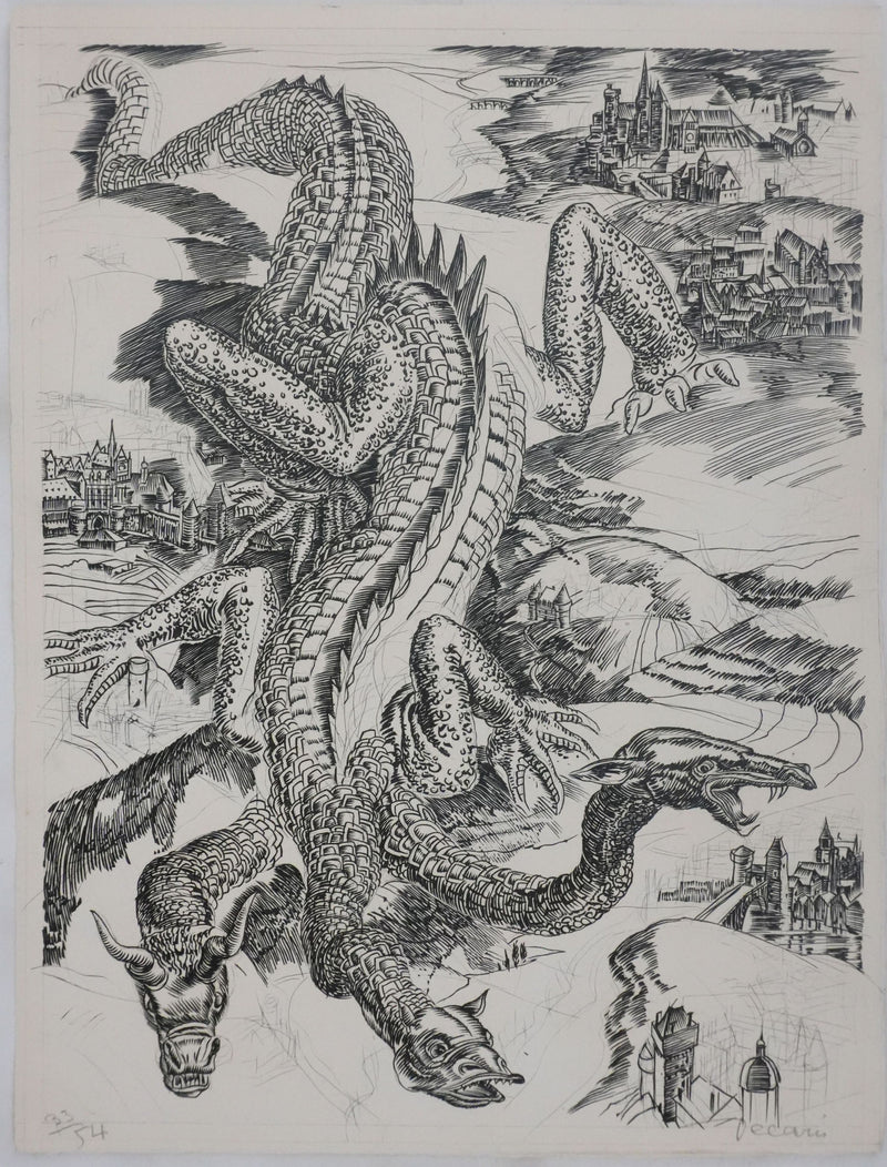 Albert DECARIS : Le dragon à trois têtes, Gravure originale signée