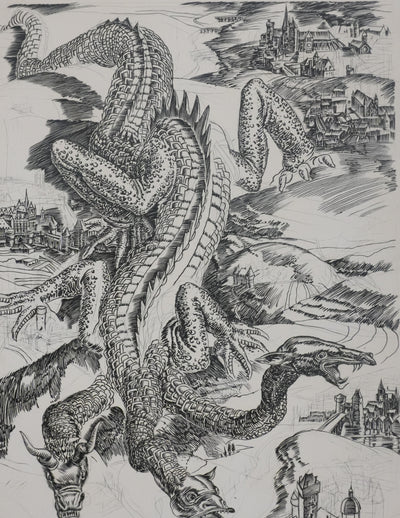 Albert DECARIS : Le dragon à trois têtes, Gravure originale signée