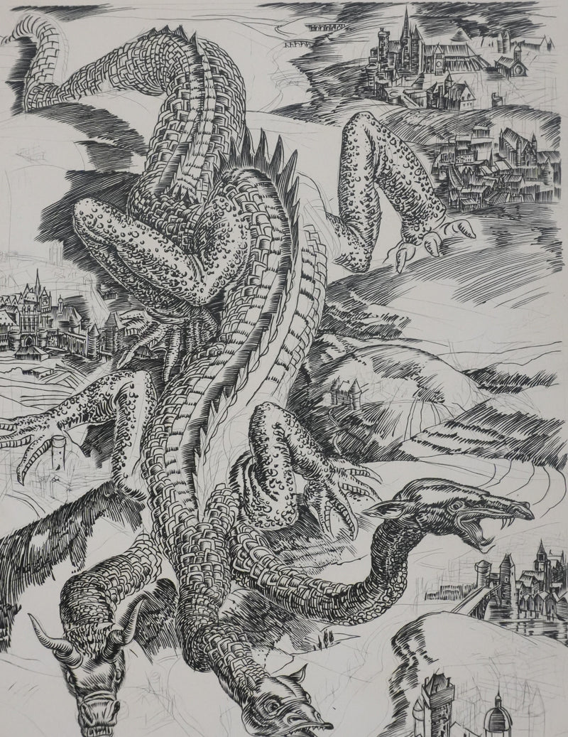 Albert DECARIS : Le dragon à trois têtes, Gravure originale signée