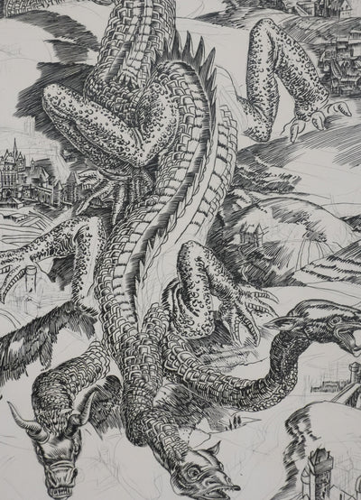 Albert DECARIS : Le dragon à trois têtes, Gravure originale signée