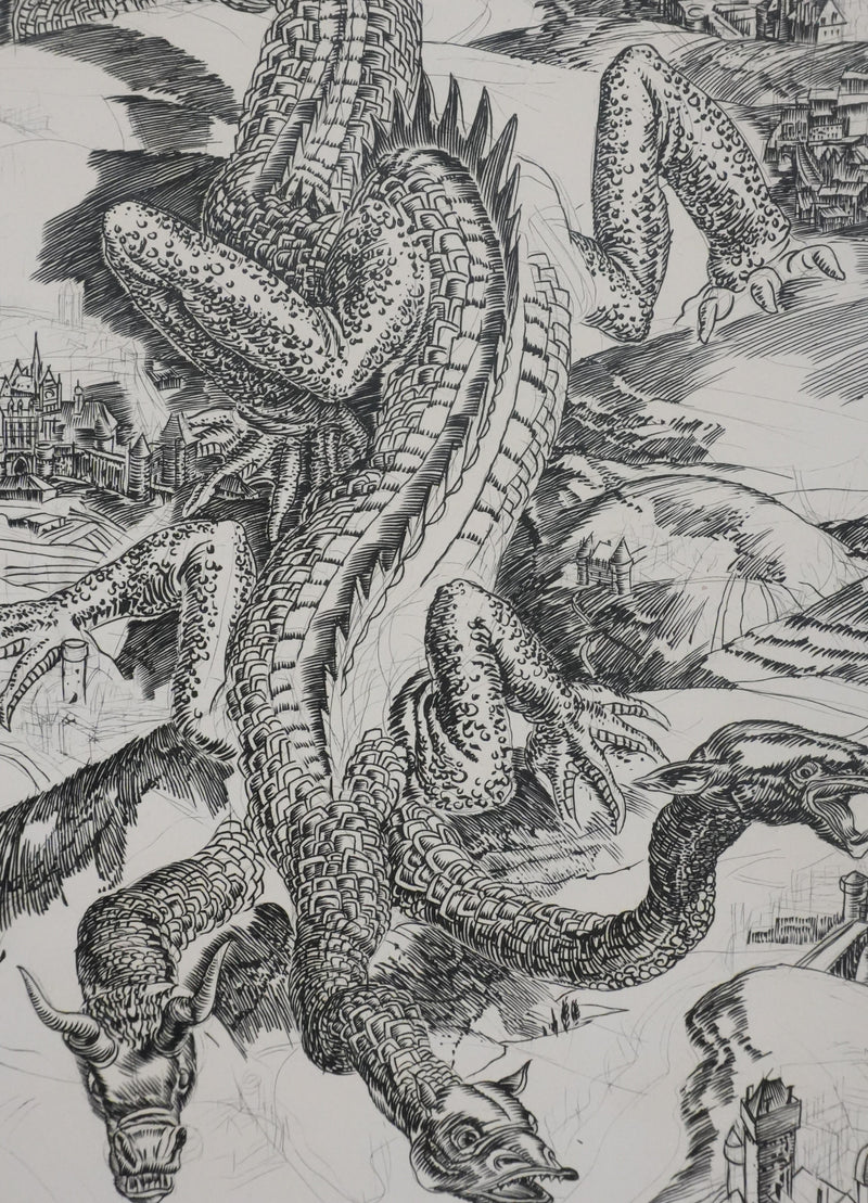 Albert DECARIS : Le dragon à trois têtes, Gravure originale signée