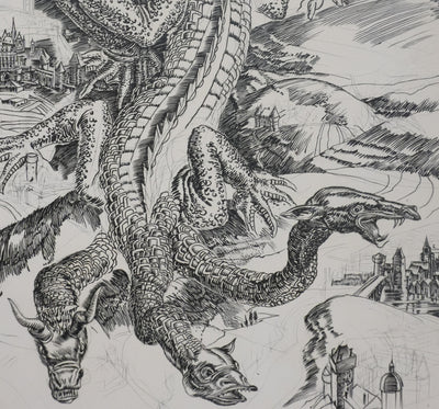 Albert DECARIS : Le dragon à trois têtes, Gravure originale signée