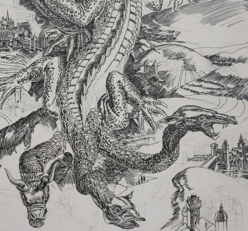 Albert DECARIS : Le dragon à trois têtes, Gravure originale signée