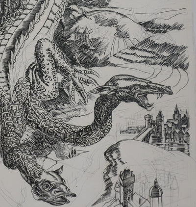 Albert DECARIS : Le dragon à trois têtes, Gravure originale signée