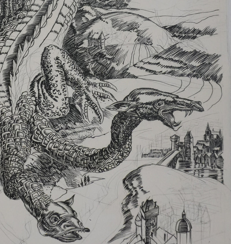 Albert DECARIS : Le dragon à trois têtes, Gravure originale signée