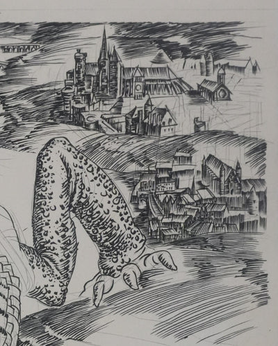 Albert DECARIS : Le dragon à trois têtes, Gravure originale signée