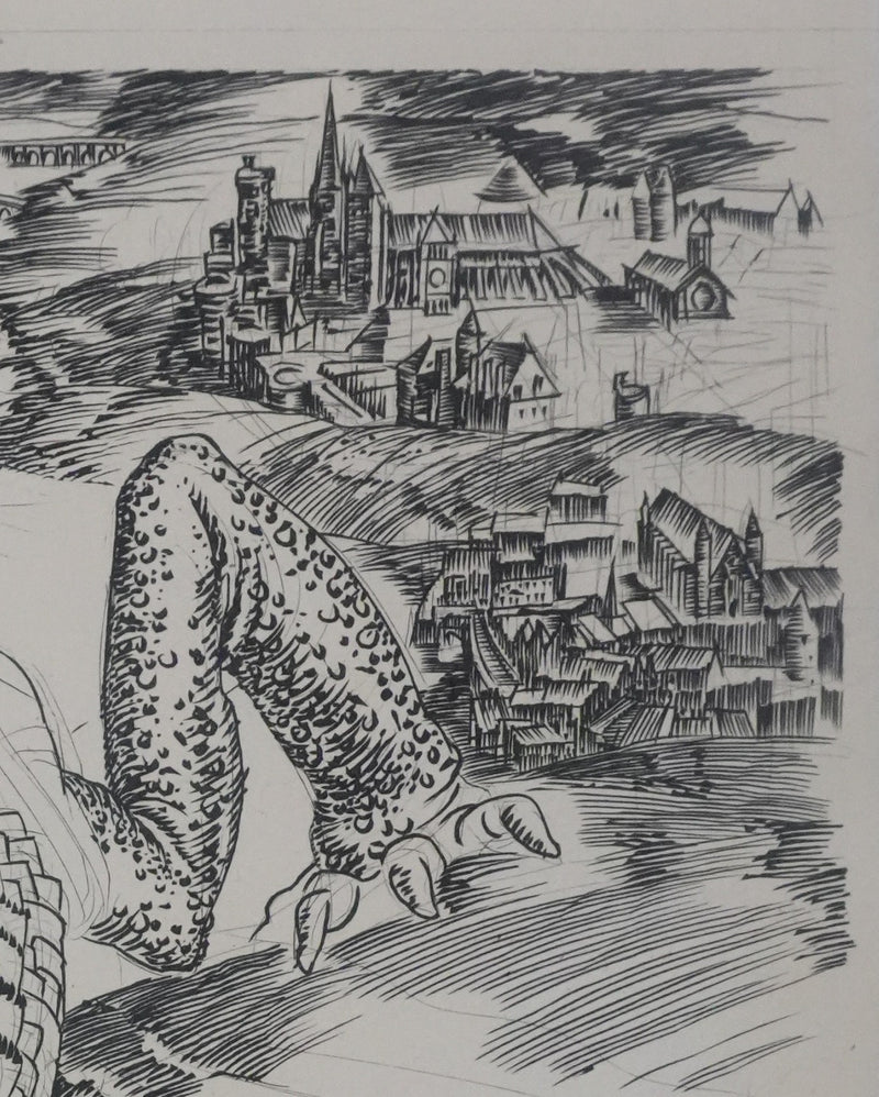Albert DECARIS : Le dragon à trois têtes, Gravure originale signée