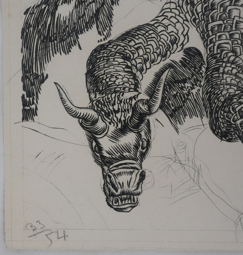 Albert DECARIS : Le dragon à trois têtes, Gravure originale signée