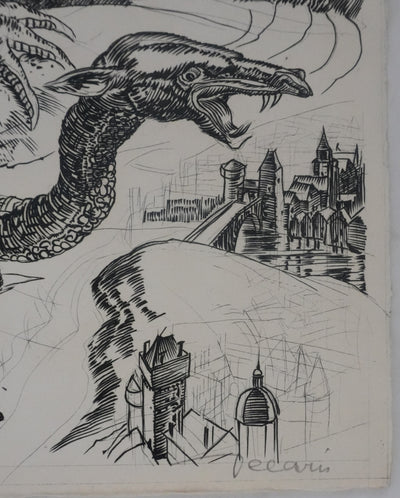 Albert DECARIS : Le dragon à trois têtes, Gravure originale signée