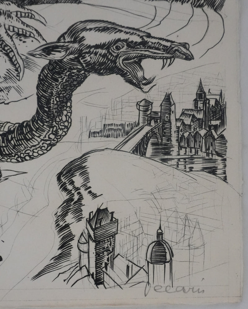 Albert DECARIS : Le dragon à trois têtes, Gravure originale signée