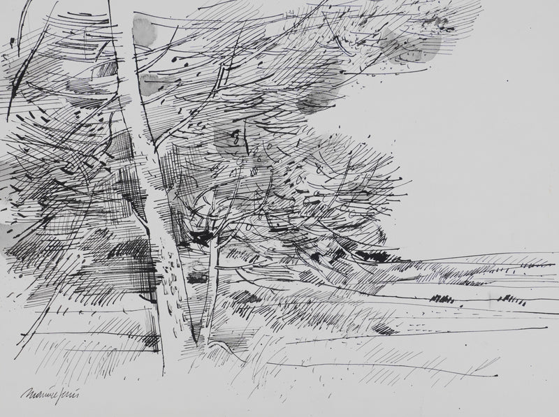 Maurice GENIS : Vue sur les champs, Dessin original signé
