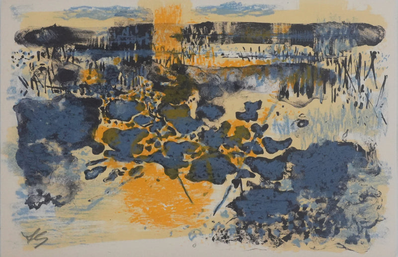 Maurice Elie SARTHOU : Paysage au bord du lac au lever du soleil, Lithographie originale signée