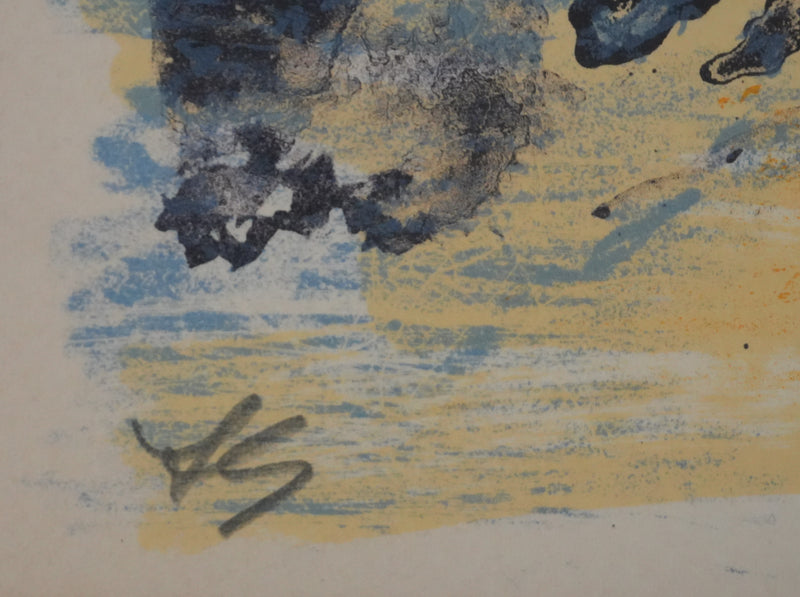 Maurice Elie SARTHOU : Paysage au bord du lac au lever du soleil, Lithographie originale signée