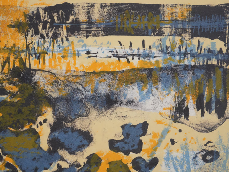 Maurice Elie SARTHOU : Paysage au bord du lac au lever du soleil, Lithographie originale signée