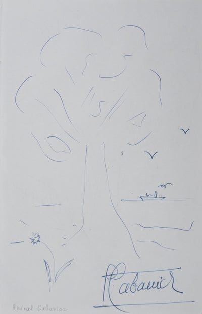 Jean HOUGRON : L'arbre vert, Autographe et dessin original signé