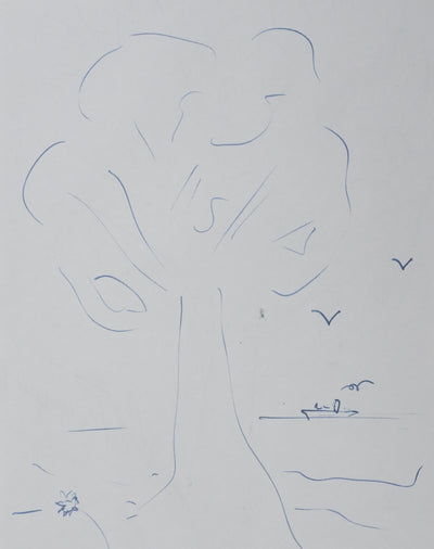 Jean HOUGRON : L'arbre vert, Autographe et dessin original signé
