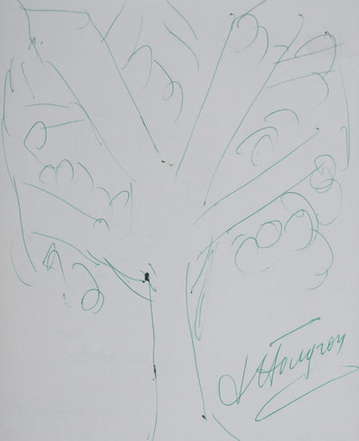 Jean HOUGRON : L'arbre vert, Autographe et dessin original signé