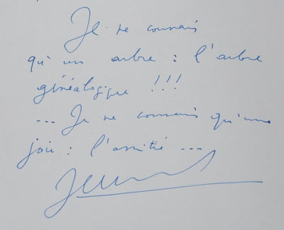 Jean DESCOLA : L'arbre généalogique, Autographe et dessin original signé