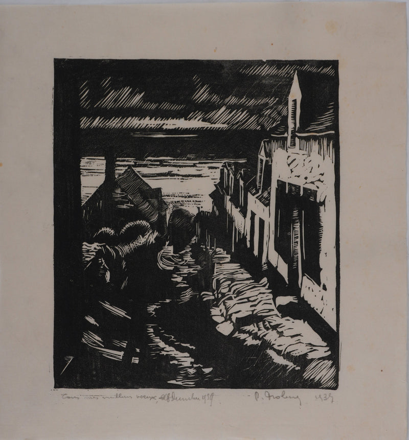 Ecole XXème : Le village de pécheurs, Gravure originale signée