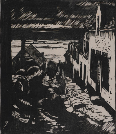 Ecole XXème : Le village de pécheurs, Gravure originale signée