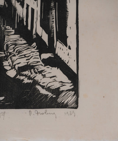 Ecole XXème : Le village de pécheurs, Gravure originale signée