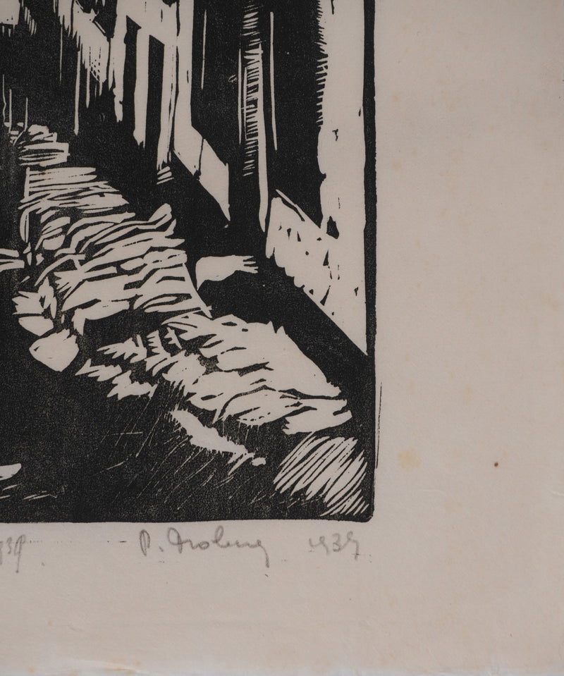 Ecole XXème : Le village de pécheurs, Gravure originale signée